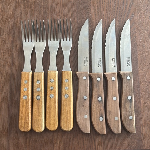 STEAK KNIFE & FORKS - wooden handle steel 8 piece - Picture 1 of 5